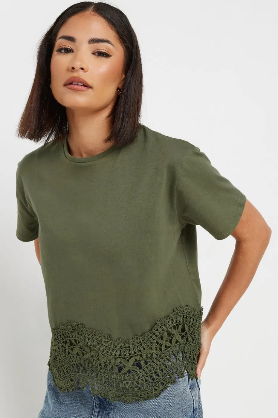 Pixiegirl Petite Khaki Green Crochet Hemline T-Shirt