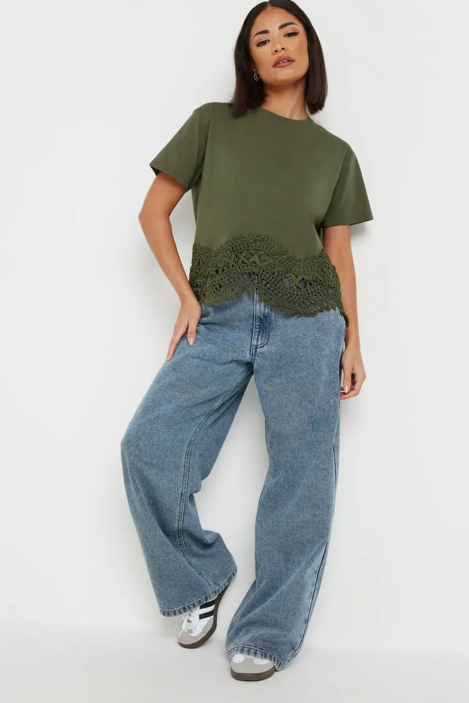 Pixiegirl Petite Khaki Green Crochet Hemline T-Shirt