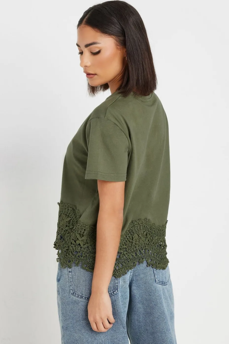 Pixiegirl Petite Khaki Green Crochet Hemline T-Shirt
