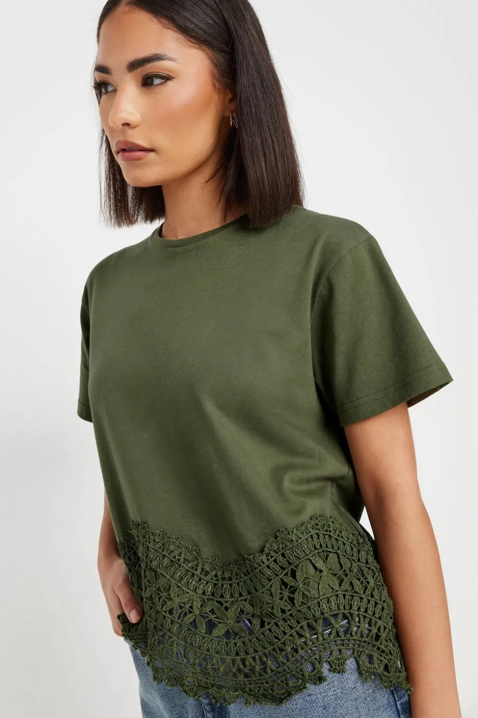 Pixiegirl Petite Khaki Green Crochet Hemline T-Shirt