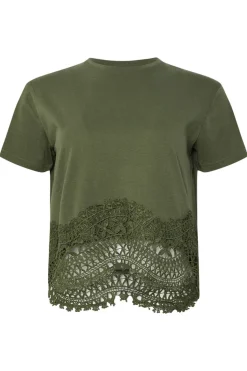 Pixiegirl Petite Khaki Green Crochet Hemline T-Shirt