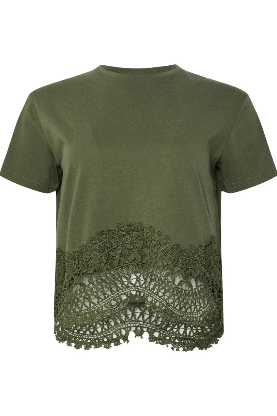 Pixiegirl Petite Khaki Green Crochet Hemline T-Shirt