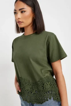 Pixiegirl Petite Khaki Green Crochet Hemline T-Shirt