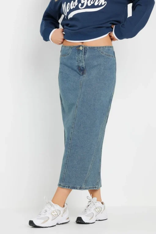 Pixiegirl Petite Light Blue Denim Seam Midi Skirt