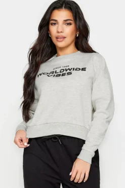 Pixiegirl Petite Light Grey 'Worldwide Vibes' Slogan Cropped Sweatshirt