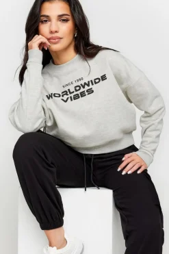 Pixiegirl Petite Light Grey 'Worldwide Vibes' Slogan Cropped Sweatshirt