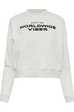 Pixiegirl Petite Light Grey 'Worldwide Vibes' Slogan Cropped Sweatshirt