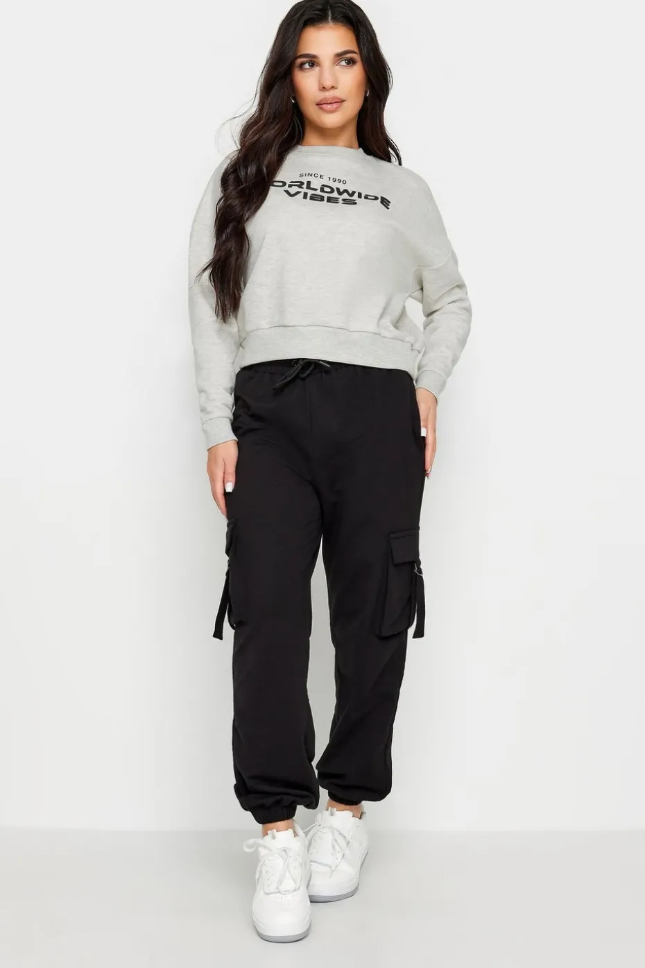 Pixiegirl Petite Light Grey 'Worldwide Vibes' Slogan Cropped Sweatshirt