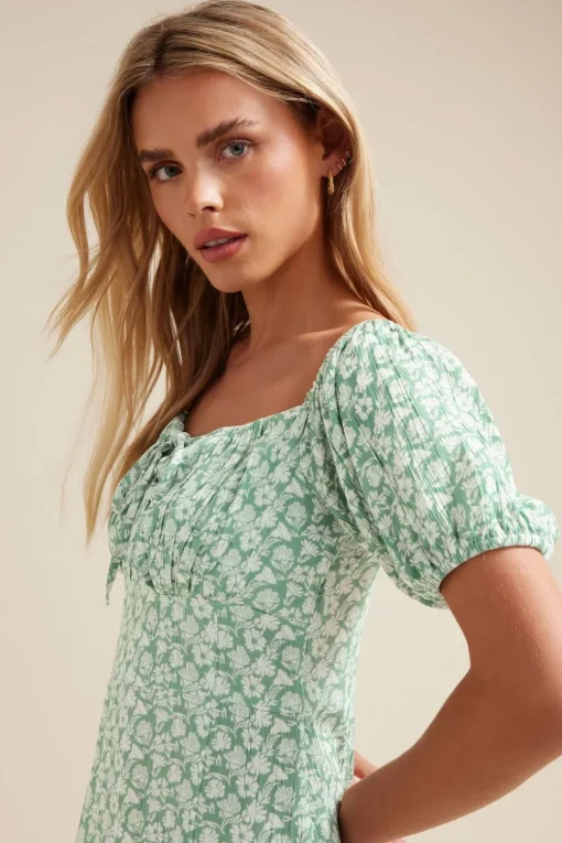 Pixiegirl Petite Mint Green Floral Tie Front Midi Dress