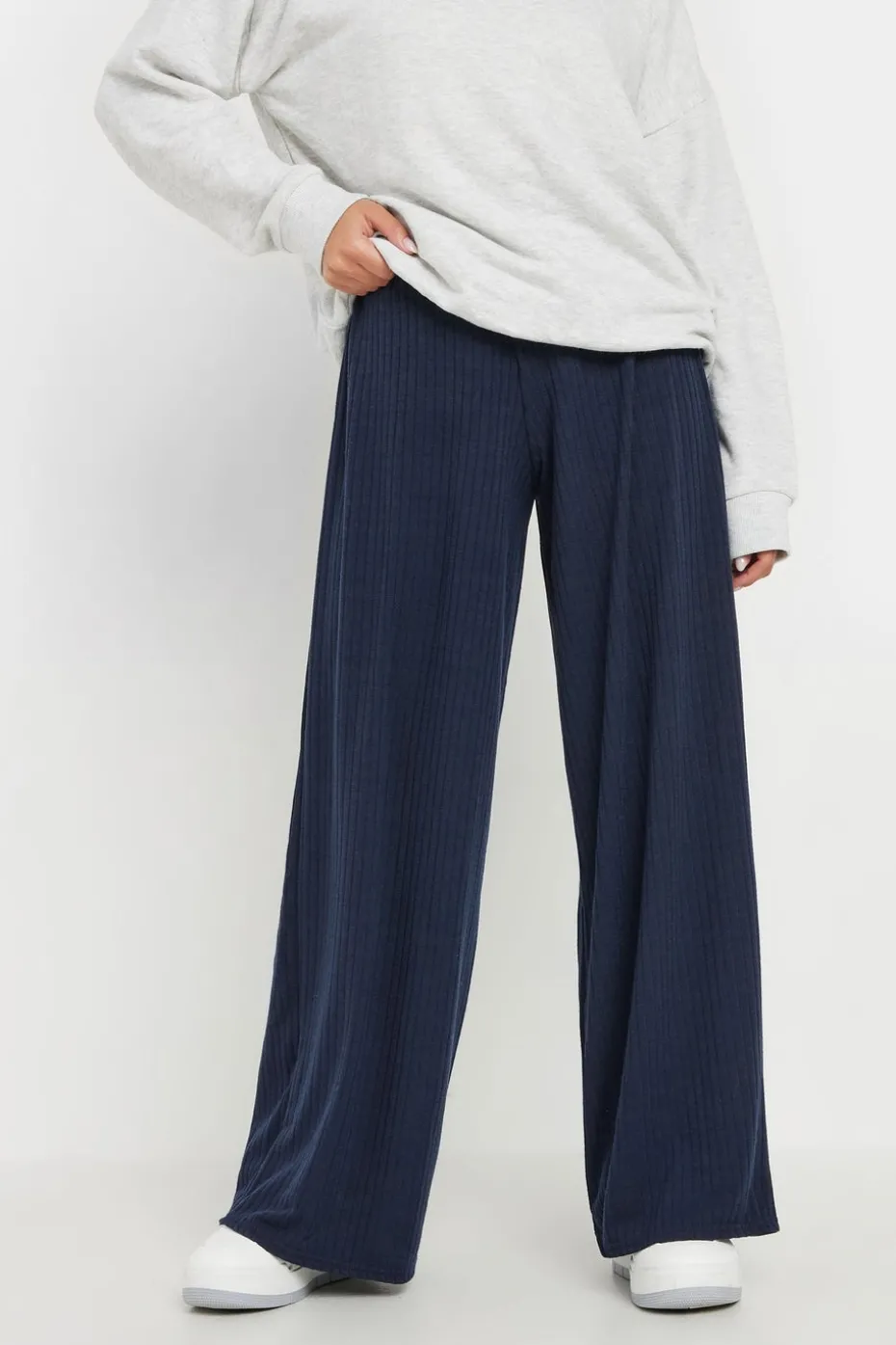 Pixiegirl Petite Navy Blue Ribbed Wide Leg Trousers