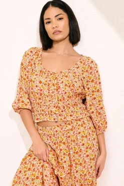 Pixiegirl Petite Orange Ditsy Floral Puff Sleeve Top