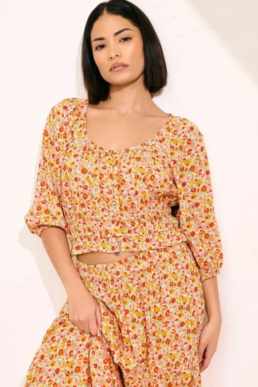 Pixiegirl Petite Orange Ditsy Floral Puff Sleeve Top