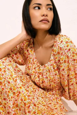 Pixiegirl Petite Orange Ditsy Floral Puff Sleeve Top