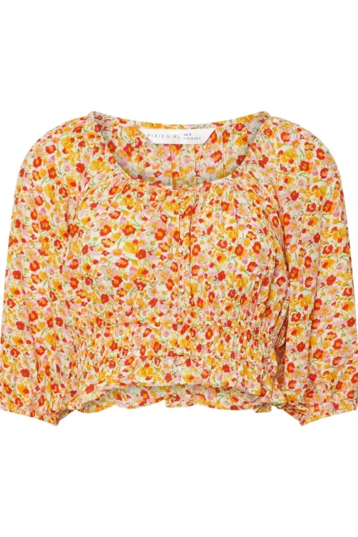 Pixiegirl Petite Orange Ditsy Floral Puff Sleeve Top