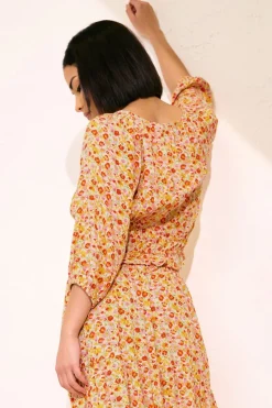 Pixiegirl Petite Orange Ditsy Floral Puff Sleeve Top