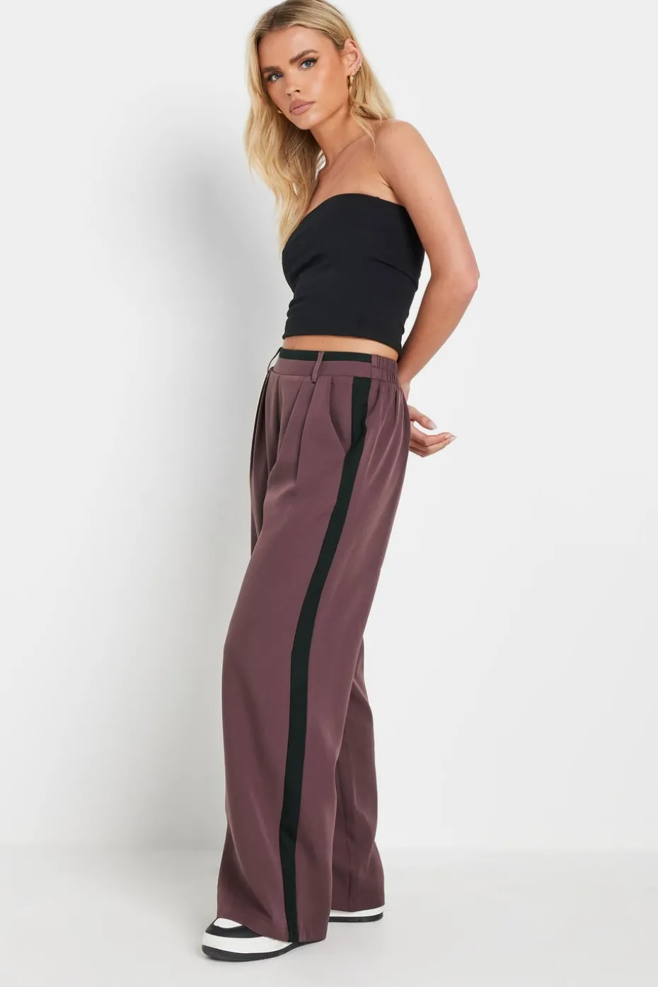 Pixiegirl Petite Purple Side Stripe Contrast Waist Wide Leg Trousers