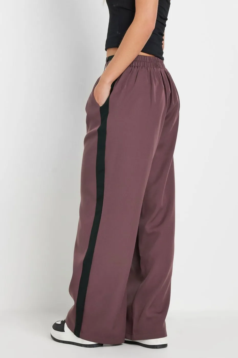 Pixiegirl Petite Purple Side Stripe Contrast Waist Wide Leg Trousers