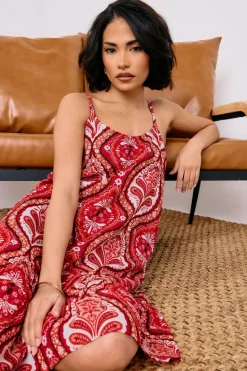 Pixiegirl Petite Red Paisley Print Slip Midi Dress