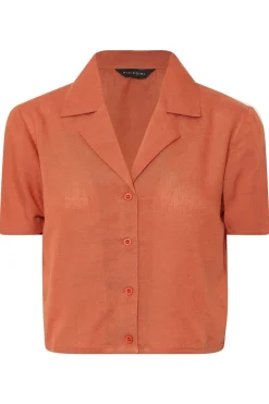 Pixiegirl Petite Rust Orange Linen Cropped Short Sleeve Shirt