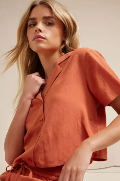 Pixiegirl Petite Rust Orange Linen Cropped Short Sleeve Shirt
