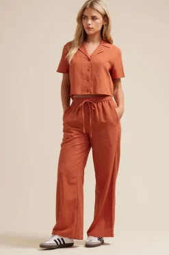 Pixiegirl Petite Rust Orange Linen Cropped Short Sleeve Shirt