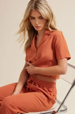 Pixiegirl Petite Rust Orange Linen Cropped Short Sleeve Shirt