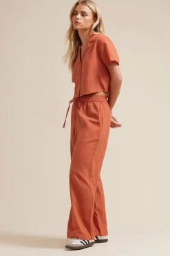 Pixiegirl Petite Rust Orange Linen Drawstring Wide Leg Trousers