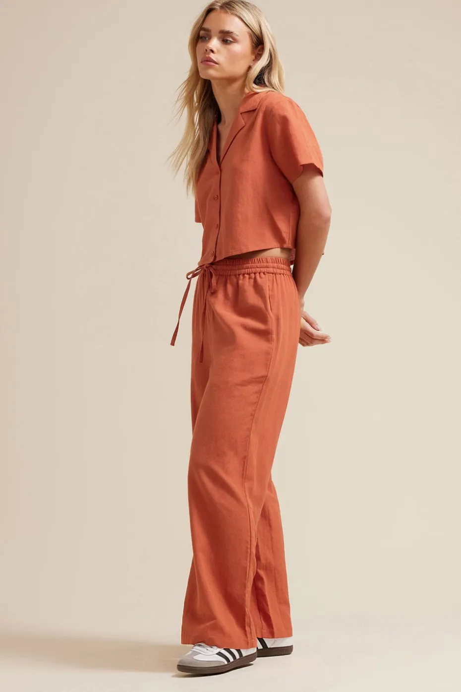 Pixiegirl Petite Rust Orange Linen Drawstring Wide Leg Trousers