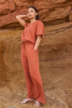 Pixiegirl Petite Rust Orange Linen Drawstring Wide Leg Trousers