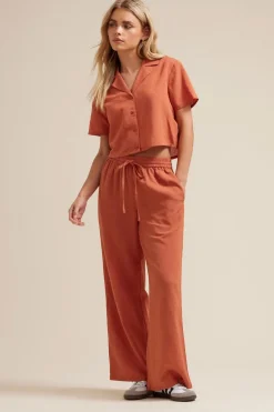 Pixiegirl Petite Rust Orange Linen Drawstring Wide Leg Trousers