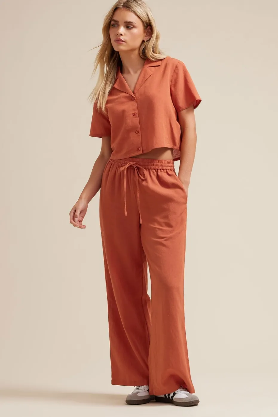 Pixiegirl Petite Rust Orange Linen Drawstring Wide Leg Trousers