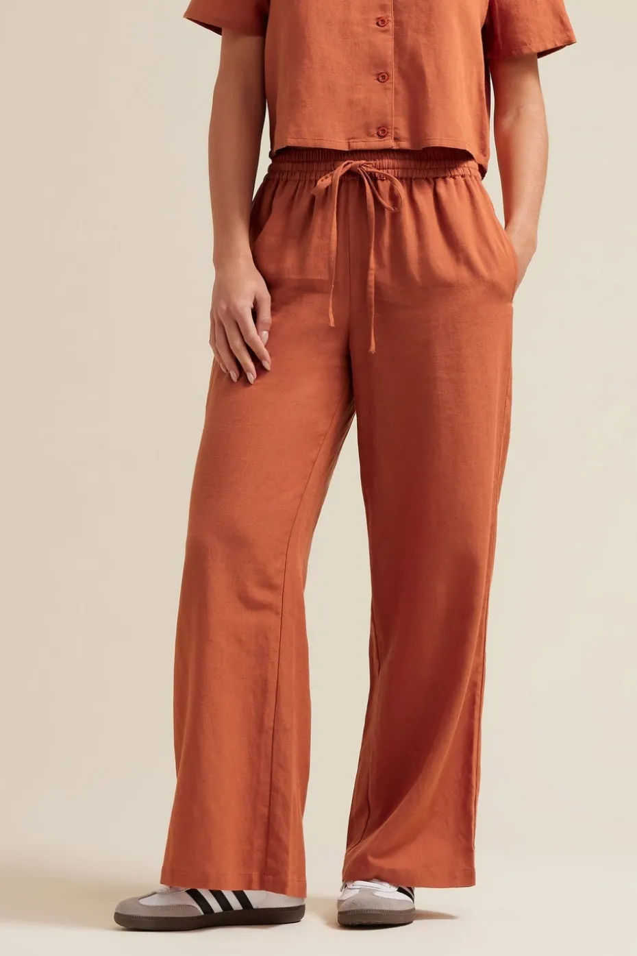 Pixiegirl Petite Rust Orange Linen Drawstring Wide Leg Trousers