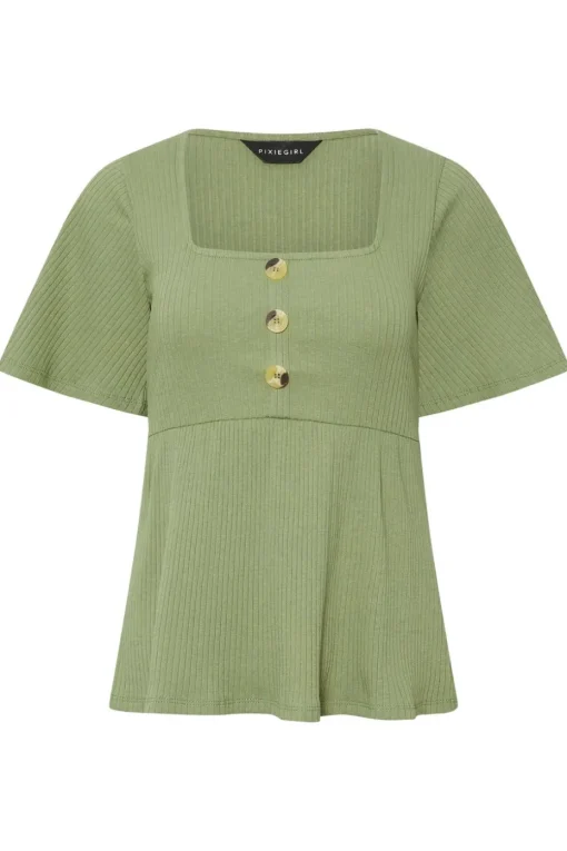 Pixiegirl Petite Sage Green Ribbed Smock Top