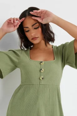 Pixiegirl Petite Sage Green Ribbed Smock Top