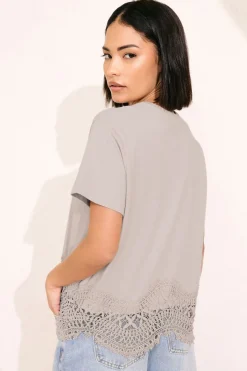 Pixiegirl Petite Stone Brown Crochet Hemline T-Shirt