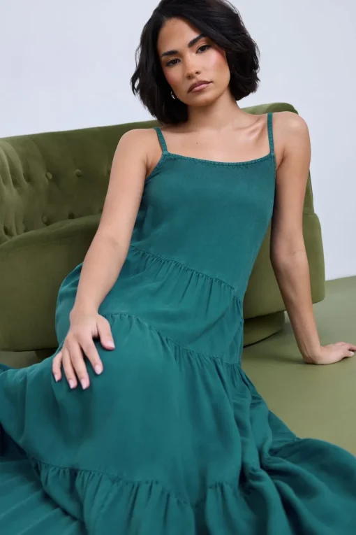 Pixiegirl Petite Teal Green Acid Wash Asymmetric Tiered Maxi Dress