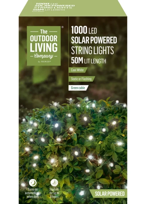 Premier Decorations 1000 LED Cool White Solar String Lights