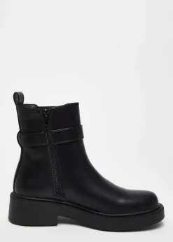 Quiz Black Faux Leather Chunky Buckle Boots