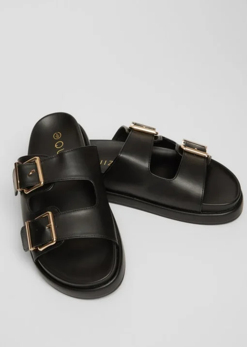 Quiz Black Faux Leather Flat Sandals