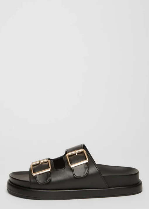 Quiz Black Faux Leather Flat Sandals