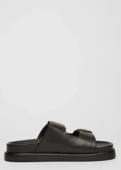Quiz Black Faux Leather Flat Sandals