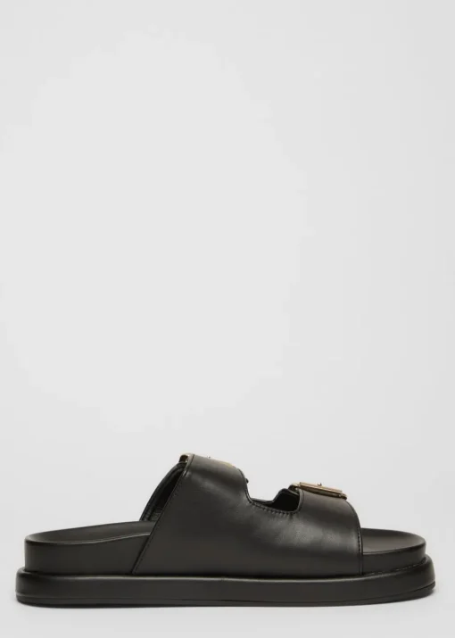 Quiz Black Faux Leather Flat Sandals