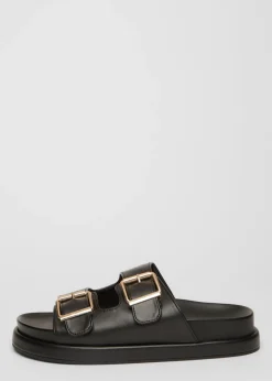 Quiz Black Faux Leather Flat Sandals