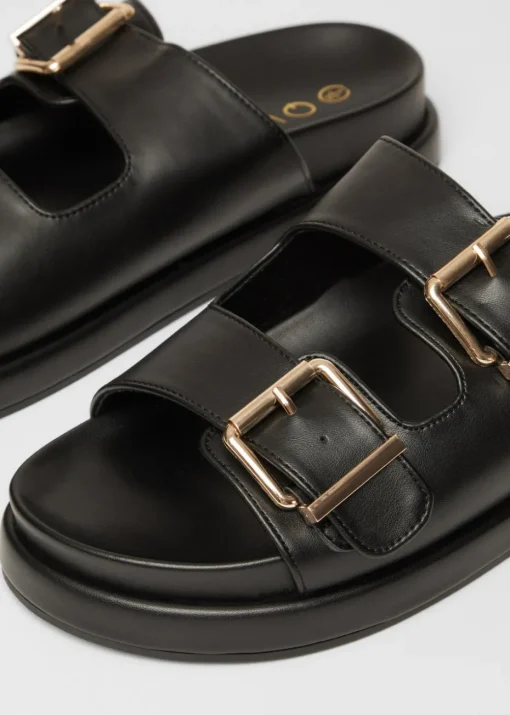 Quiz Black Faux Leather Flat Sandals