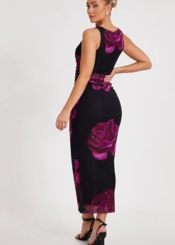Quiz Black Floral Mesh Midaxi Dress