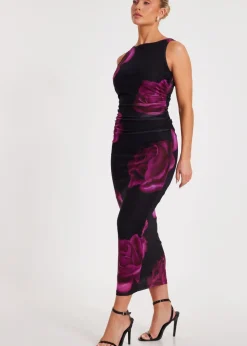 Quiz Black Floral Mesh Midaxi Dress