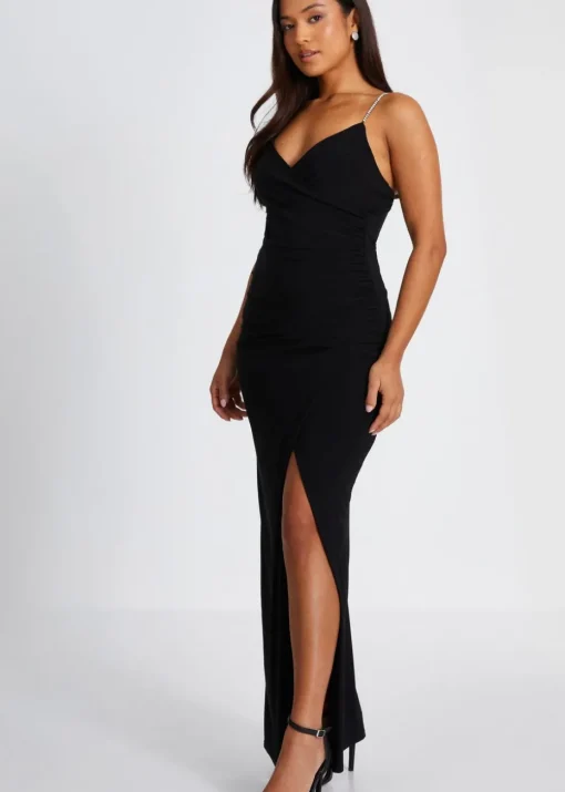 Quiz Black Petite Diamante Ruched Maxi Dress