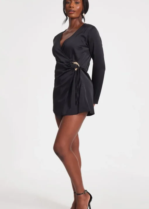 Quiz Black Satin Wrap Playsuit