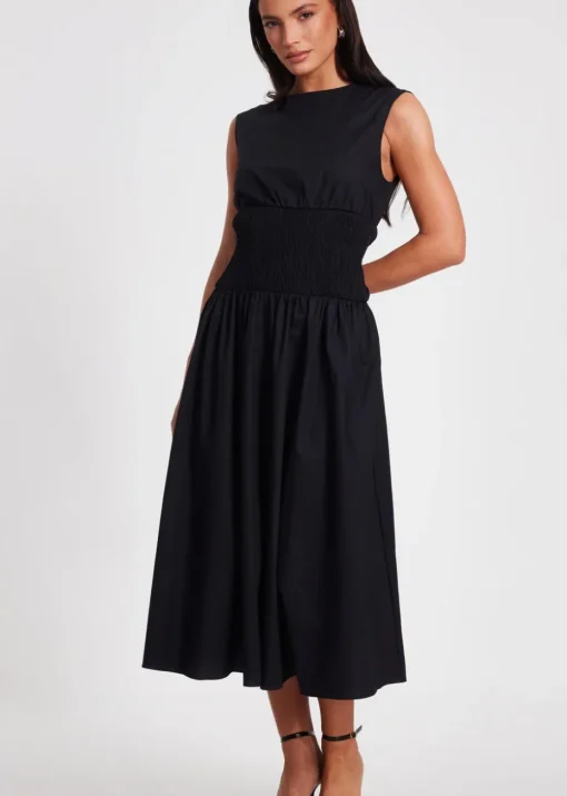 Quiz Black Shirred Waist Midaxi Dress