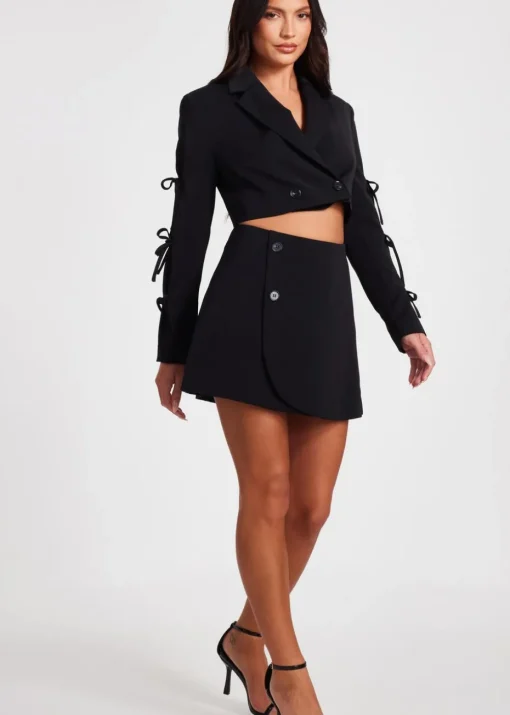Quiz Black Tie Sleeve Cropped Blazer